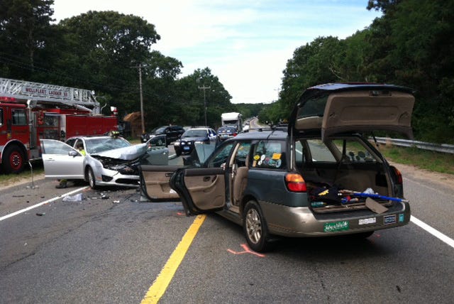 Two cars collided in a head-on crash on Route 6 this morning in Wellfleet, causing the highway to be closed for about 45 minutes.