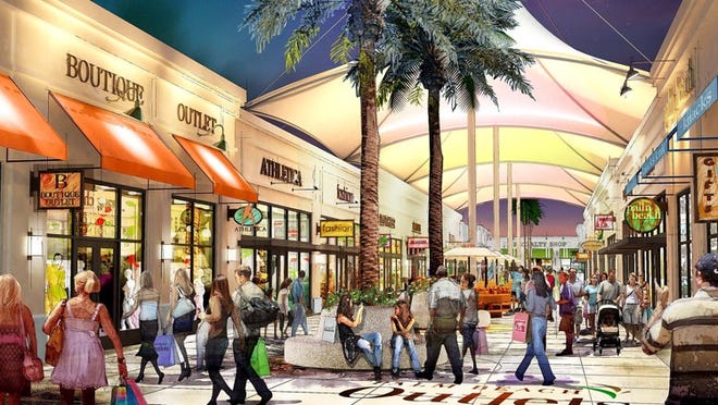 An artist's rendering of the pedestrian promenade shows where 'sails' will provide some coverage from sun and rain at the new Palm Beach Outlets.