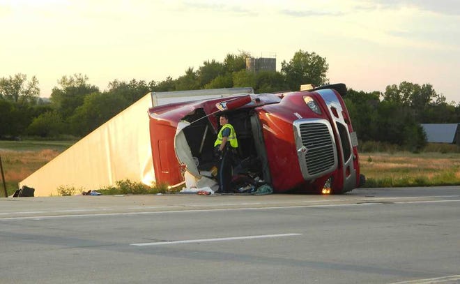 The driver of this semitrailer rig was taken to a local hospital Wednesday evening with serious injuries after a strong gust of wind blew it over on US-75 highway near S.W. 57th Street.
