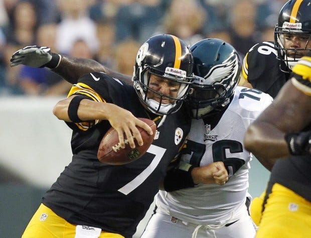 Pittsburgh Steelers quaterback Ben Roethlisberger (7) is sacked by Philadelphia Eagles tackle Thomas Welch (76) during the first half of an NFL preseason football game Thursday, Aug. 9, 2012, in Philadelphia. (AP Photo/Mel Evans)