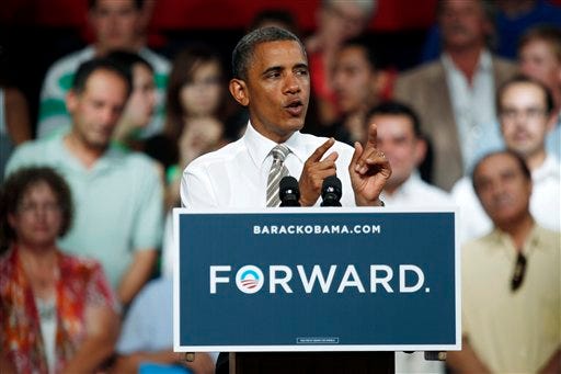 President Barack Obama speaks during a campaign stop at the Colorado State Fairgrounds in Pueblo, Colo., Thursday Aug. 9, 2012. (AP Photo/David Zalubowski)