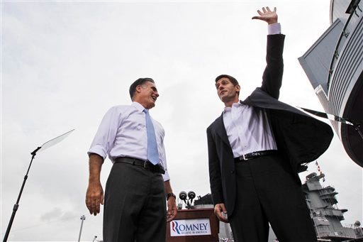 Republican presidential candidate, former Massachusetts Gov. Mitt Romney, left, introduces his vice presidential running mate, Wisconsin Rep. Paul Ryan, Saturday, Aug. 11, 2012 in Norfolk, Va. (AP Photo/Mary Altaffer)