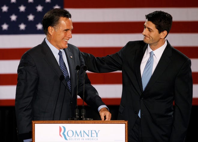 House Budget Committee Chairman Rep. Paul Ryan, R-Wis. introduces Republican presidential candidate, former Massachusetts Gov. Mitt Romney before Romney spoke at the Grain Exchange in Milwaukee, in this April 3, 2012 file photo. Romney has picked Wisconsin congressman Paul Ryan to be his running mate.