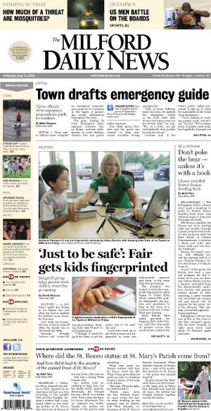 The front page of the 8/11/12 Milford Daily News