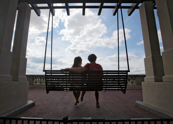 Swing shiftEmily Moffat, 18, and Nick Gagnet, 19, who both live near Ohio State University, relax on a swing along the Scioto Mile Downtown. The pair said they will start classes later this month at OSU. Although some might think that spending time on a swing is just for kids, experts say it can have physical and psychological benefits for all ages.