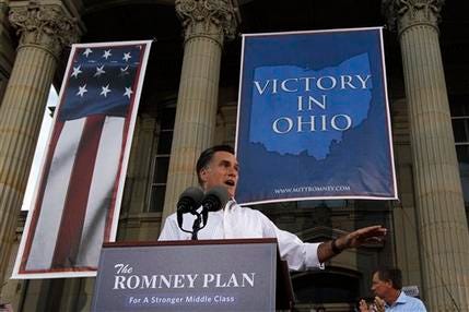 Republican presidential candidate, former Massachusetts Gov. Mitt Romney speaks during a campaign event at the Ross County Court House, Tuesday, Aug. 14, 2012 in Chillicothe, Ohio.