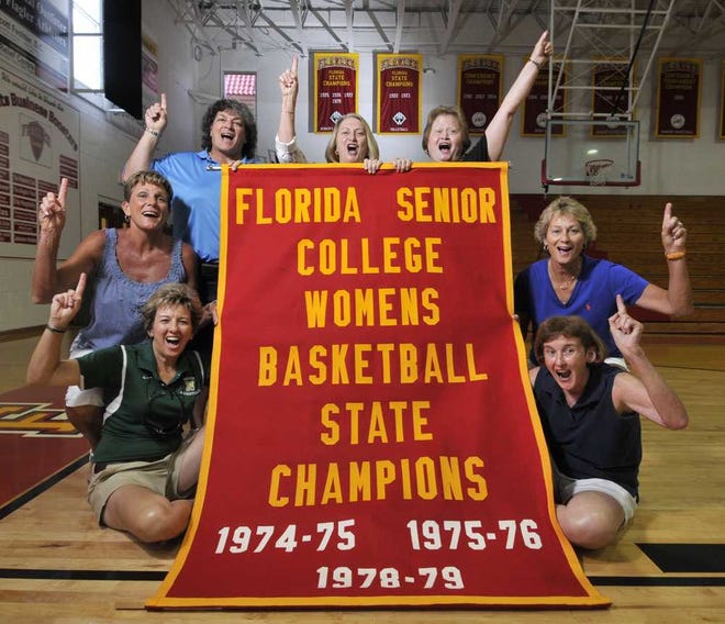 Will.Dickey@jacksonville.com Alumni that played sports at Flagler College in the 1970s and early 1980s - Sherri Anthony (clockwise from bottom left), Melody Milton Coggin, Jami Friedman Lind, Betty Stansel, Dot Stansel, Debbie Drubinski Caruso and Kathy Kesler - gather in July in the school's gym.