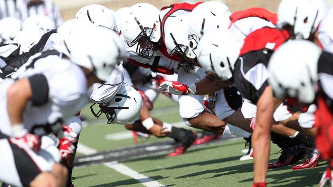 Texas Tech works through a special teams play during practice on Saturday.