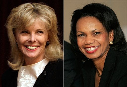 At left, in a March 24, 2011 file photo, Darla Moore speaks to students at the University of South Carolina in Columbia, S.C. At right, in a Jan. 24, 2008 file photo, U.S. Secretary of State Condoleeza Rice smiles during a meeting with trade union leaders in Medellin, Colombia. For the first time in it's 80-year history, Augusta National Golf Club has female members. The home of the Masters, under increasing criticism the last decade because of its all-male membership, invited former Secretary of State Rice and South Carolina financier Moore to become the first women in green jackets when the club opens for a new season in October. (AP Photo/File)