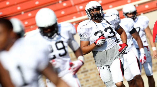 Texas Tech fullback Omar Ontiveros (33) could see an increased role this season as the Red Raiders employ more two-back sets. Ontiveros has improved his pass catching skills to become more of a threat in the offense.