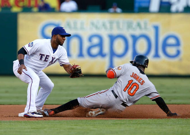 Baltimore's Adam Jones steals second base under the tag by Texas shortstop Elvis Andrus during their game Monday in Arlington. Texas won, 5-1.
