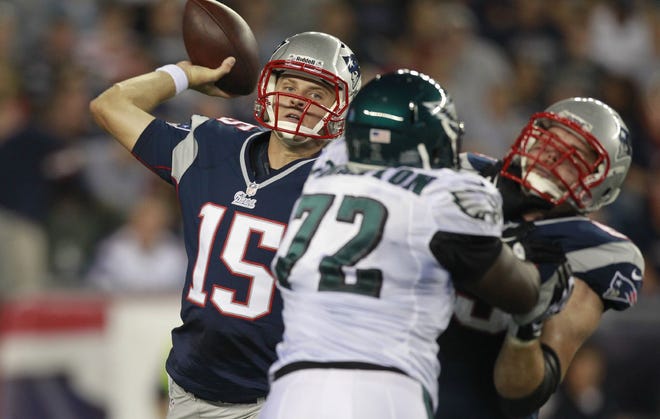 New England Patriots quarterback Ryan Mallett (15) passes against the Philadelphia Eagles during the first quarter of an NFL preseason football game in Foxboro, on Monday, Aug. 20, 2012.
