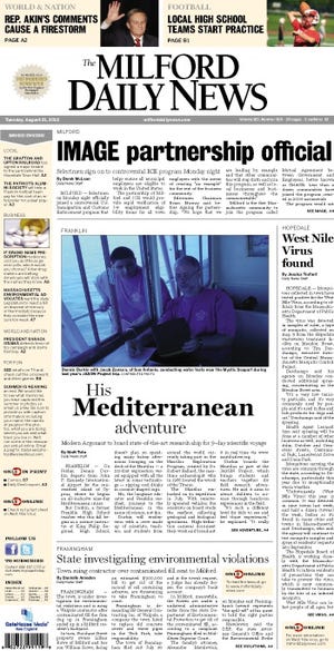 Front page of Milford Daily News for 8/21/12