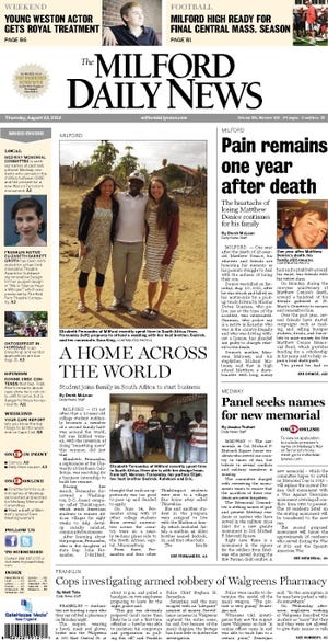 Front page of the Milford Daily News for 8/23/12