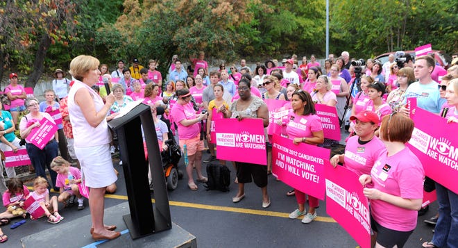 Rep. Mary Still, D-Columbia, speaks to Planned Parenthood supporters Thursday outside her office on Old 63. Other speakers at the rally included former Rep. Vicky Riback Wilson, Rep. Stephen Webber and Planned Parenthood representatives.