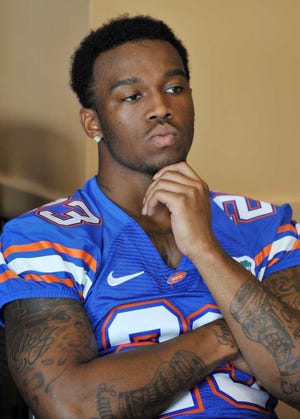 bob.self@jacksonville.com--8/5/11--Florida's #23, Mike Gillislee. Members of the University of Florida football team and head coach Will Muschamp were on hand inside the Touchdown Terrace at Ben Hill Griffin Stadium Friday afternoon to field questions from members of the media.  (The Florida Times-Union, Bob Self)