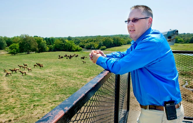 Jason Boerger stands on the overlook above the elk and bison herds Thursday at Wildlife Prairie State Park, where he has taken the position of executive director. Boerger, from Cincinnati, most recently served as director of operations for a 22-park network in Ohio.