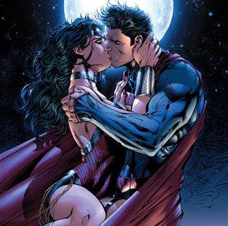 This comic book image released by DC Entertainment shows Wonder Woman and Superman kissing from the "Justice League 12" issue. Wonder Woman and Superman are officially an item, locking lips in a passionate embrace as the pair realize that there's no one out there like them. The couple's kiss is the culmination of a dramatic story in "Justice League" No. 12 which marks the first full year since DC relaunched its stable of heroes with new stories, new costumes and revised origins.