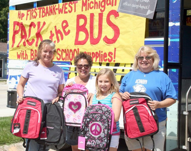 Nell Altobelli, Sharon Blanchard, Abby Wedge and Mary Ellen Groom collect school supplies for students and teachers in Ionia Public Schools. The next drop-off day is from noon to 2 p.m. Friday at Firstbank's West Main Street location in downtown Ionia.