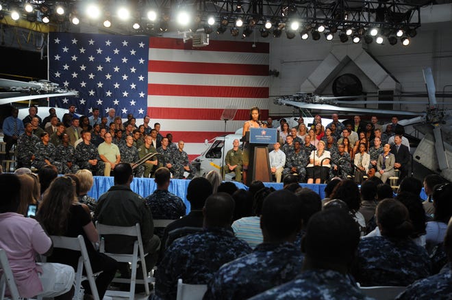 First Lady Michelle Obama announces new hiring commitments by the private sector as well as major accomplishments of the Joining Forces initiative during her speech at Naval Station Mayport. First Lady Michelle Obama and Dr. Jill Biden created Joining Forces to bring Americans together to recognize, honor and take action to support veterans and military families as they serve our country and throughout their lives.