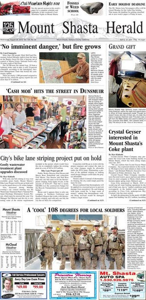 The front page of the Aug. 29, 2012 edition of the Mount Shasta Herald, one of three newspapers published weekly by the Mt. Shasta Area Newspapers.