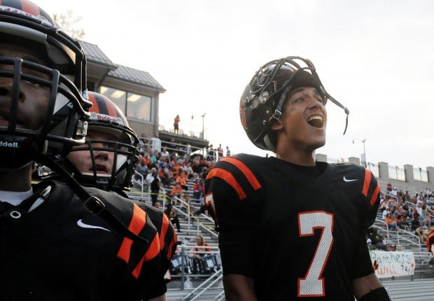 Beaver Falls QB Dan Stratton reacts to a fumble recovery in the first quarter against Riverside Friday night.