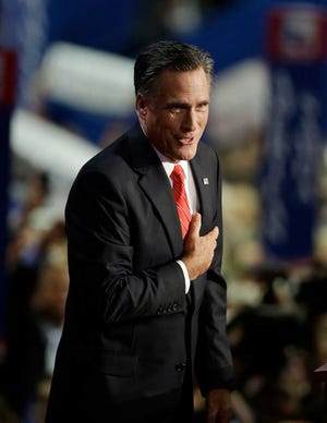 Mitt Romney accepts the nomination as the Republican candidate for U.S. president Thursday during the Republican National Convention in Tampa, Fla.