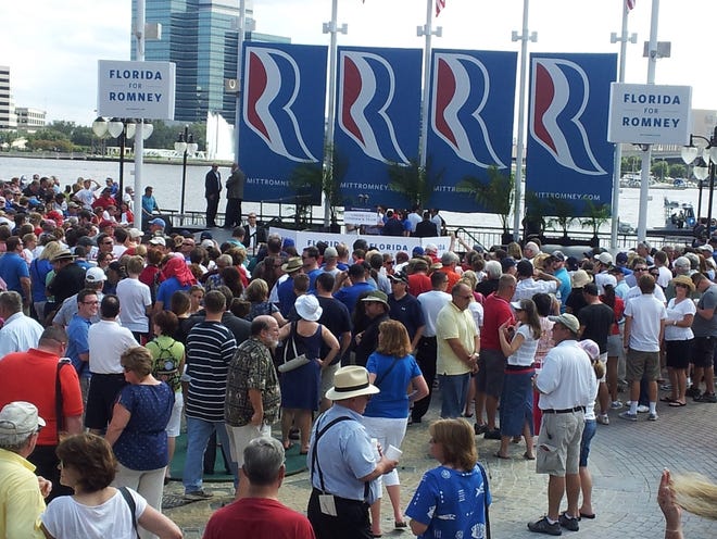 Dozens of northeast Florida residents pile into the Jacksonville Landing to hear Mitt Romney and Paul Ryan discuss their bid for the White House.