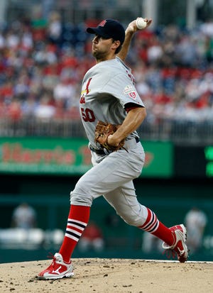 St. Louis Cardinals starting pitcher Adam Wainwright throws during the first inning of Friday's game against the Washington Nationals at Nationals Park.