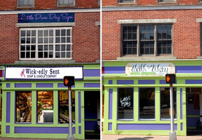 The Norwich Community Development Corporation's August 2012 newsletter included, above left, a possible vision for a Main Street building that includes a candle shop and day spa. At right is what the building looks like now.
