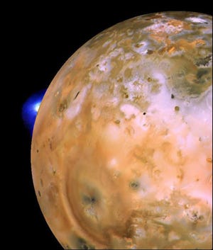 This image taken by the Voyager 1 spacecraft shows a volcanic plume on the Jupiter moon Io. Voyager 1 is poised to cross into interstellar space.