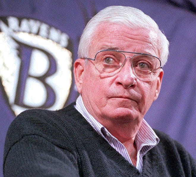 Baltimore Ravens owner Art Modell listens to a reporters question during a press conference at the Ravens training facility in Owings Mills, Md., in this Dec. 28, 1998 photo. Modell agreed to a contract that will almost certainly end his reign as principal owner of the Baltimore Ravens by 2004. The reality is beginning to come home for Modell and his family. (AP Photo/John Gillis)