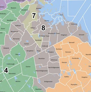 The Massachusetts 8th Congressional District includes these communities: Bristol County: Raynham Precincts 1, 2. Norfolk County: Avon, Braintree, Canton, Cohasset, Dedham, Holbrook, Milton - Precincts 2, 3, 4, 6, 7, 8, 9, Norwood, Quincy, Stoton, Walpole, Westwood, Weymouth. Plymouth County: Abington, Bridgewater, Brockton, East Bridgewater, Hingham, Hull, Scituate, West Bridgewater, Whitman. Suffolk County: Boston: Ward 3, Precincts 1, 2, 3, 4, 5, 6, Ward 5, Precincts 3, 4, 5, 11, Ward 6, Ward 7, Precincts 1, 2, 3, 4, 5, 6, 7, 8, 9, Ward 11, Precincts 9, 10, Ward 13, Precincts 3, 7, 10, Ward 16, Precincts 2, 5, 7, 9, 10, 12, Ward 19, Precincts 1, 2, 3, 4, 5, 6, 8, 9, Ward 20, Precincts 1, 2, 4, 5, 6, 7, 8, 9, 10, 11, 12, 13, 14, 15, 16, 17, 18, 19, 20.