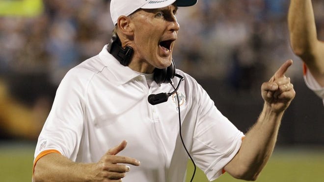 Miami Dolphins head coach Joe Philbin reacts to a call during the first quarter of a preseason NFL football game against the Carolina Panthers in Charlotte, N.C., Friday, Aug. 17, 2012. (AP Photo/Chuck Burton)
