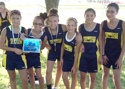 The seventh grade Honeybees from Henderson Junior High won their inaugural cross country meet in Keene Wednesday. Runners include (left to right) Breana Leos Natalie Elizondo, Alexis De Los Santos, Meagan Lewis, Jasmene Delacerda, Destiny Guzman and (not pictured) Kayliana Castillo, who took top individual honors.