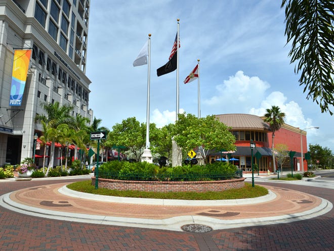 The recently completed Five Points roundabout on Main Street in downtown Sarasota.