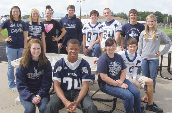 The 2012 Wethersfield High School homecoming court includes, seated left, freshman attendants Ali Dennison and Terrell Baker, and seated right, junior attendants Cari Neubert and Tanner Bowen. Standing are queen candidates Susie Lathouris, Caitlin Miller and Margaret Thomson, king candidates Roger Craddock, Cody Phillips and Kegan Jacobson, and FFA king Cody Bennett and FFA Sweetheart Morgan Mahnesmith. There were no sophomore attendants.
