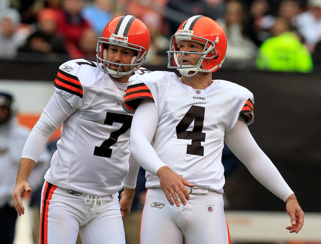 Cleveland Browns kicker Phil Dawson (4) watches his 44-yard field goal with holder Brad Maynard in the first quarter of an NFL football game against the St. Louis Rams Sunday, Nov. 13, 2011, in Cleveland.
