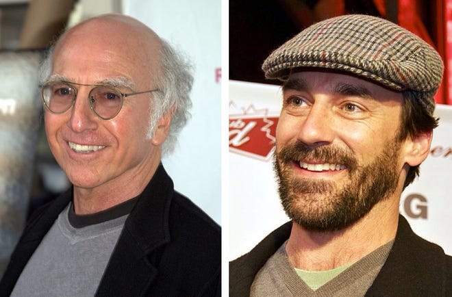 Larry David, left, may shoot some scenes in Marblehead this fall for his new film starring Jon Hamm (right), Eva Mendes, Danny McBride, Liev Schrieber and Michael Keaton.