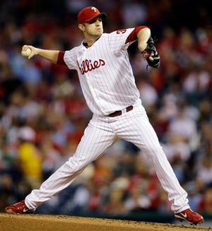 Philadelphia Phillies' Kyle Kendrick pitches in the second inning of a baseball game against the Miami Marlins, Monday, Sept. 10, 2012, in Philadelphia. (AP Photo/Matt Slocum)