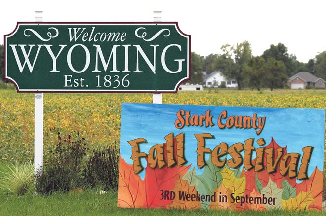 Bright autumn colors call attention to the Stark County Fall Festival sign posted at the entrance to Wyoming, one of the communities hosting activities on the fall drive Saturday and Sunday.