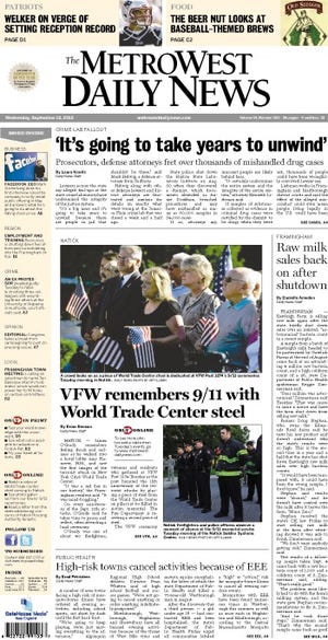 The front page of the 9/12/12 MetroWest Daily News.