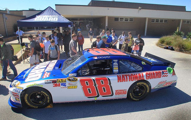 The No. 88 car, driven by Dale Earnhardt Jr. and owned by Hendrick Motorsports, was displayed in the parking lot at West Craven High Tuesday. The car was brought to Vanceboro for educational purposes, along with enjoyment.
