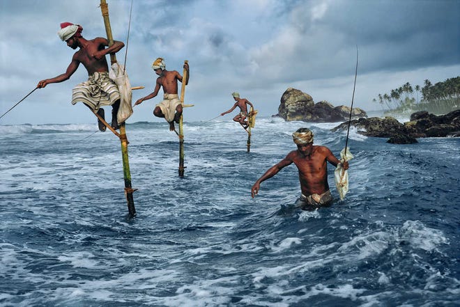 Steve McCurry's photo collection includes this picture that he shot in Sri Lanka. It is titled "Fishermen at Weligama." The caption for the photo reads: "Fishermen along the southern coast of Sri Lanka cast their lines in the traditional way atop poles so they can work in shallow water without disturbing the fish."