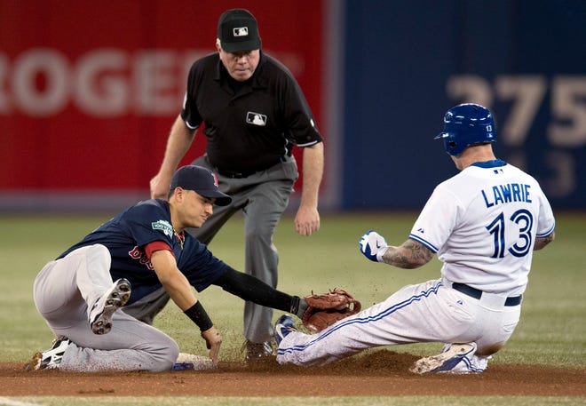 Toronto Blue Jays' Brett Lawrie is tagged out at second base by Boston Red Sox shortstop Jose Iglesias under the watchful eye of second base umpire Brian Gorman during the first inning of a baseball game in Toronto on Friday, Sept. 14, 2012. Boston won, 8-5.