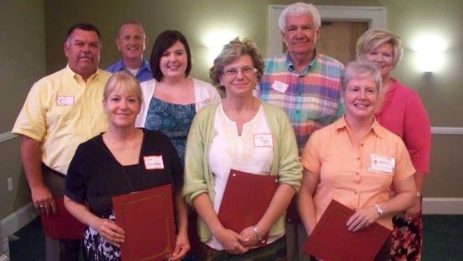 Multiple Athens-area volunteers celebrated one year of volunteer service with American Red Cross Blood Services at July's Volunteer Recognition dinner at Athens First Presbyterian Church. Pictured: Jan Christian of Winder, Gina Taylor of Bogart, Phyllis McCannon of Bogart, MJ Skinner of Winder, Emily Johnson of Monroe, Rich Cary of Athens, Volunteer Coordinator Kathy Dalton, District Manager Paul Daniel.