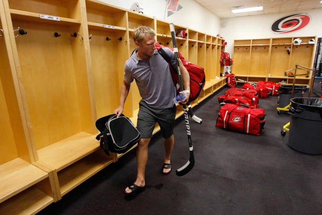 Carolina Hurricanes' Jordan Staal leaves the locker room after the NHL hockey team's informal workout at Raleigh Center Ice on Friday.