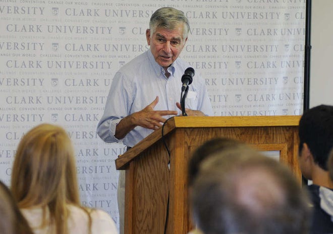 The former governor speaks at Clark University yesterday.