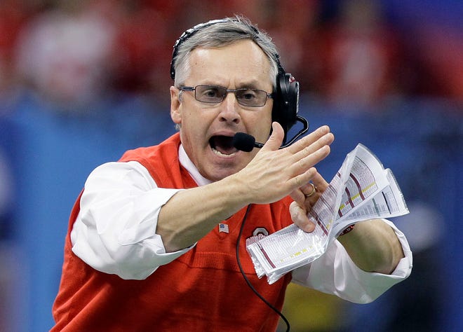 Ohio State coach Jim Tressel signals for a timeout during the Sugar Bowl against Arkansas in New Orleans on Jan. 4. The game would prove to be his last as Ohio State coach.