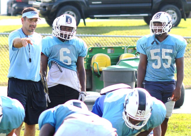 East Duplin coach Battle Holley talks with junior Monquel Baker (6) during practice recently while Tyrone Roby (55) listens in. The Panthers (4-1, 1-0 in the East Central 2-A Conference) play host to Topsail (2-2, 0-1) in a league clash at Beulaville tonight. Kickoff is 7:30 p.m